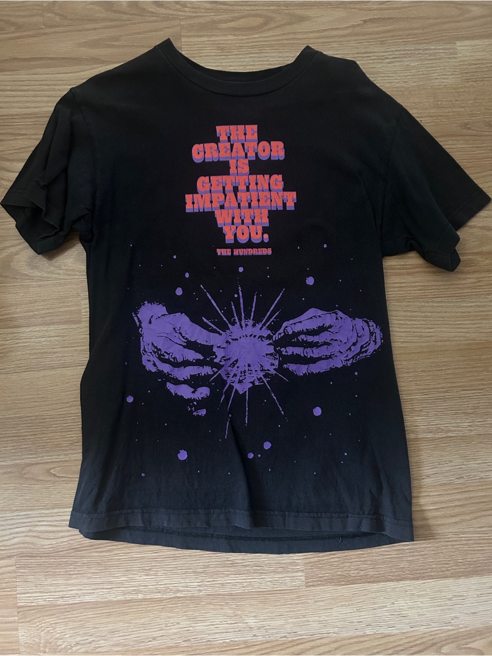 The Hundreds Black Tee with Purple Hand Graphic and Pink Text